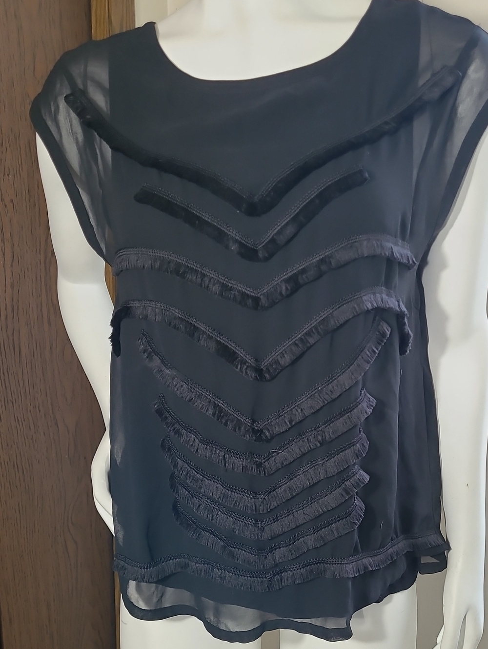 Dana Buchman Black Sheer Fringe Chevron Blouse
